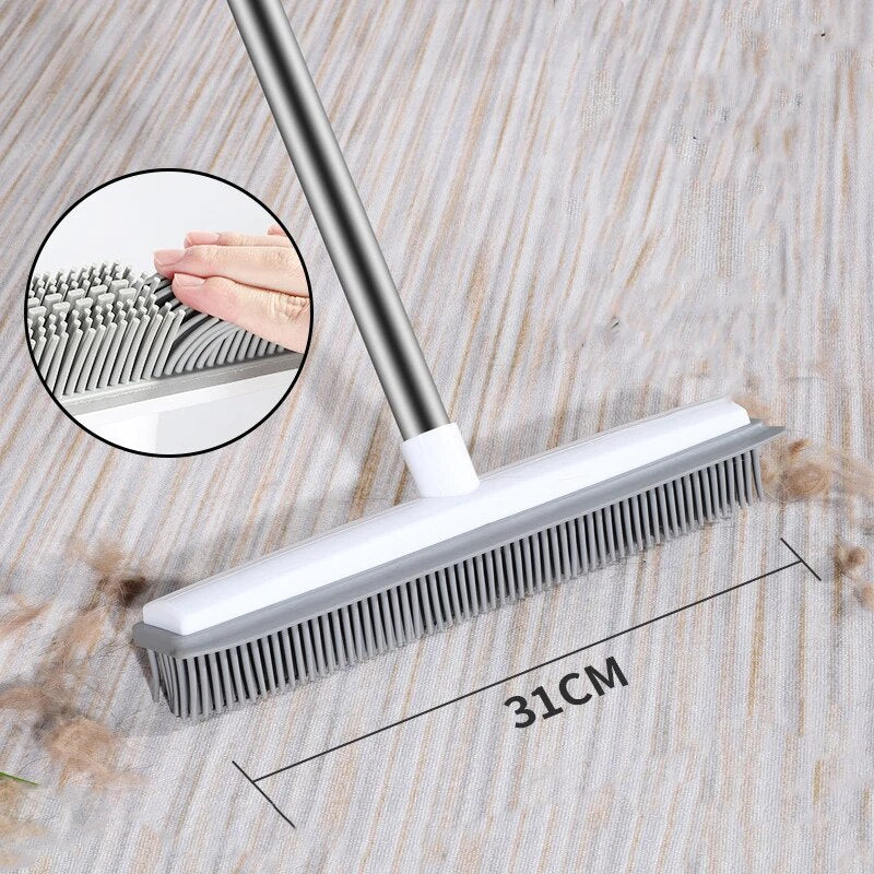 Rubber Broom Carpet Rake with Squeegee Long Handle for Pet Hair 