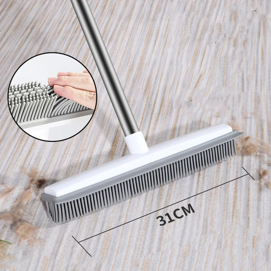 Rubber Broom Carpet Rake with Squeegee Long Handle for Pet Hair 