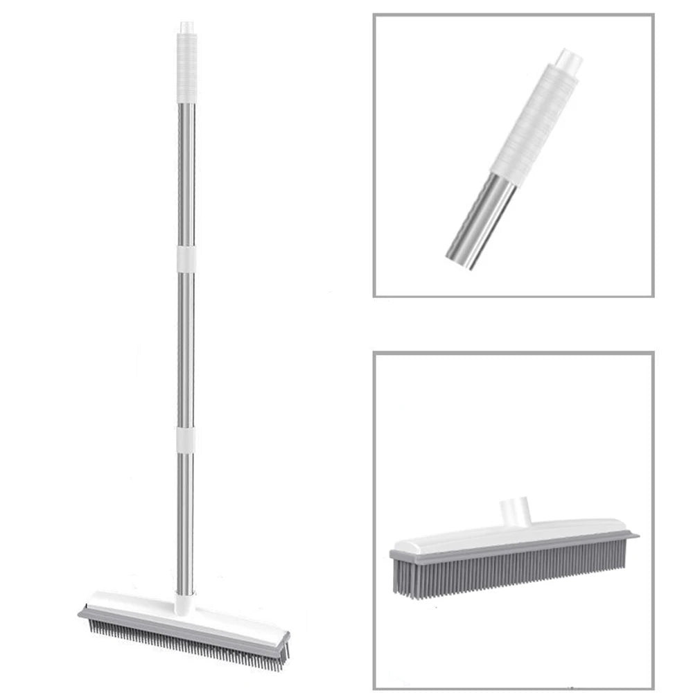 Rubber Broom Carpet Rake with Squeegee Long Handle for Pet Hair 