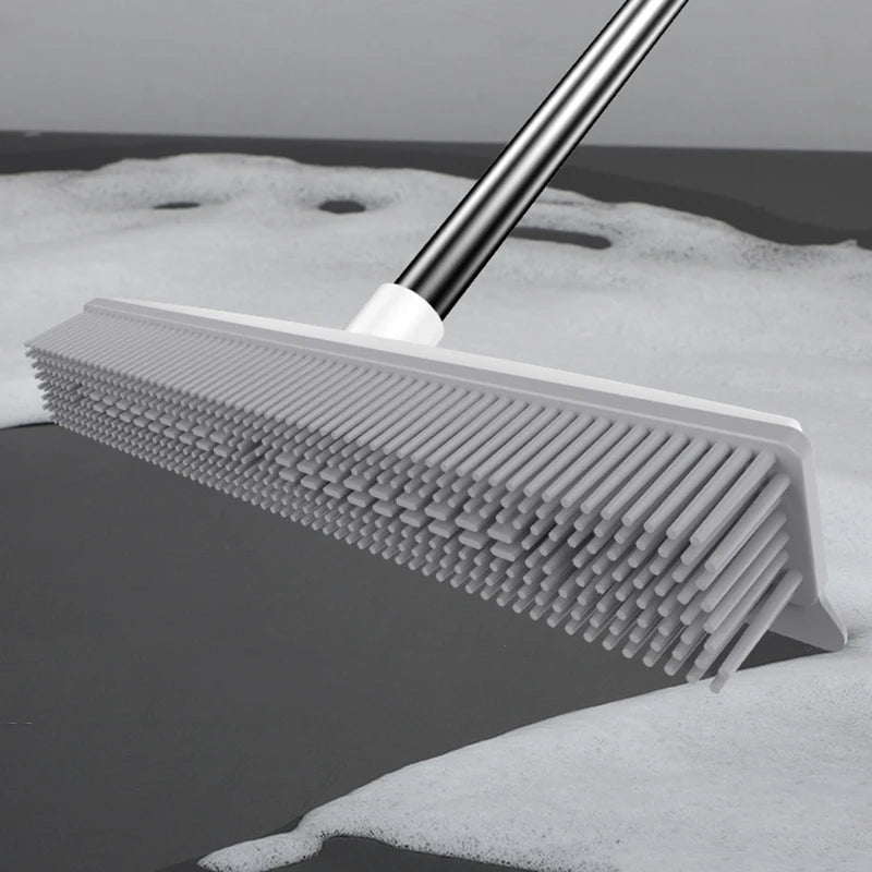 Rubber Broom Carpet Rake with Squeegee Long Handle for Pet Hair 